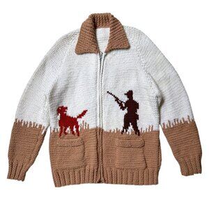 70s Vintage Cowichan Sweater Pheasant Hunt Bird Dog Animal Zip Cardigan.